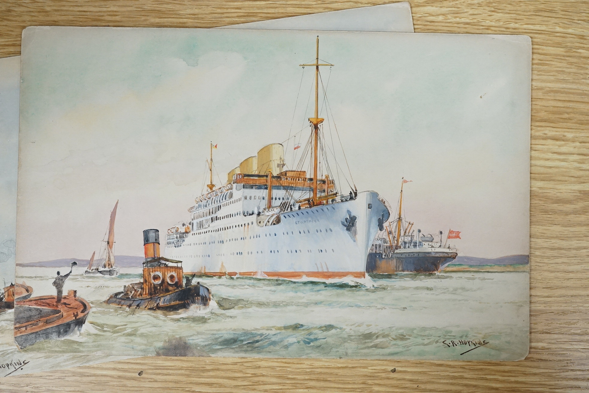 Charles R. Hopkins, set of four original watercolours for postcard designs, maritime ocean liners, to include Orient Liner on the Lower Thames, RMS Mooltan, P&O Line and RMS Asturias Royal Mail Liner, each signed, 17 x 2
